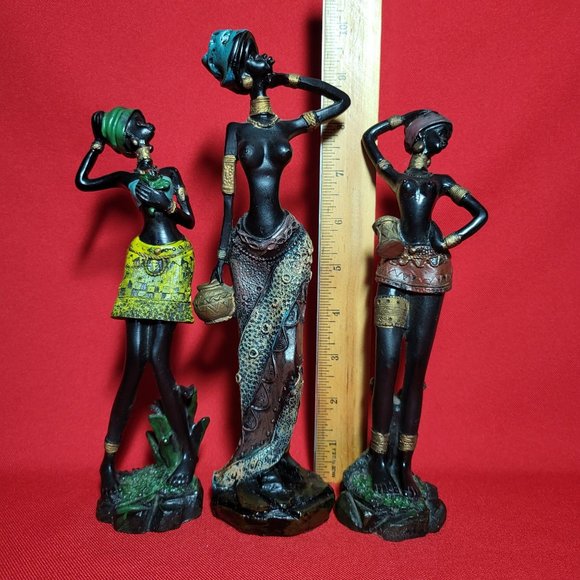 Vintage African Tribal Lady Woman Resin Figure Sculpture Decor Set of 3 - Picture 6 of 12